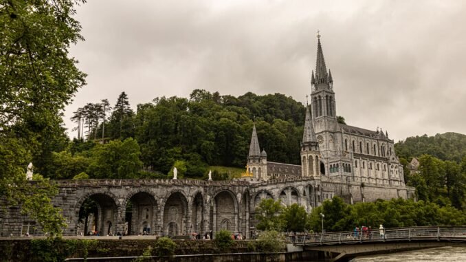 Historic cathedral in Lourdes, France amid lush greenery and stone architecture.