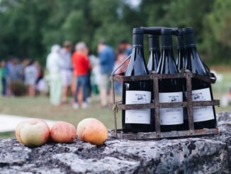 Bottles of Mercurey wine and apples on a rustic setting in Bourgogne, France.