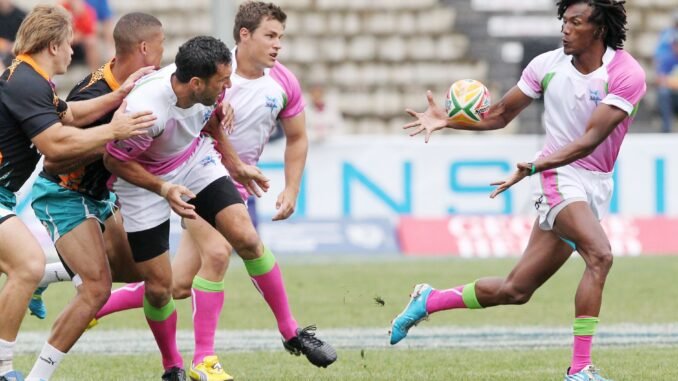 Rugby players in action showcasing teamwork and athleticism during a match.